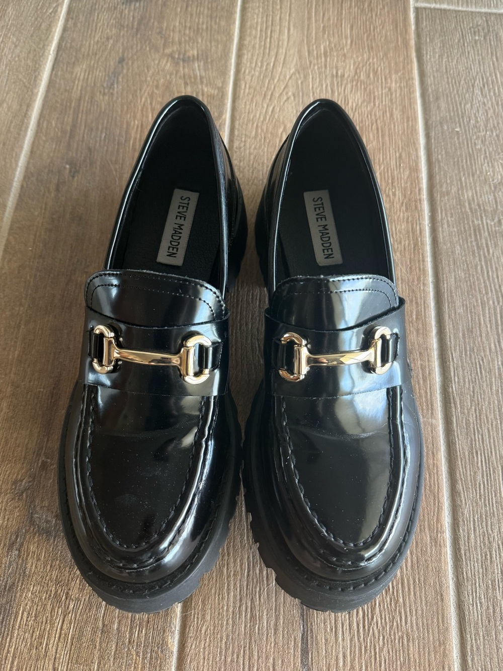 Steve Madden Black Patent Loafers with Gold Accent